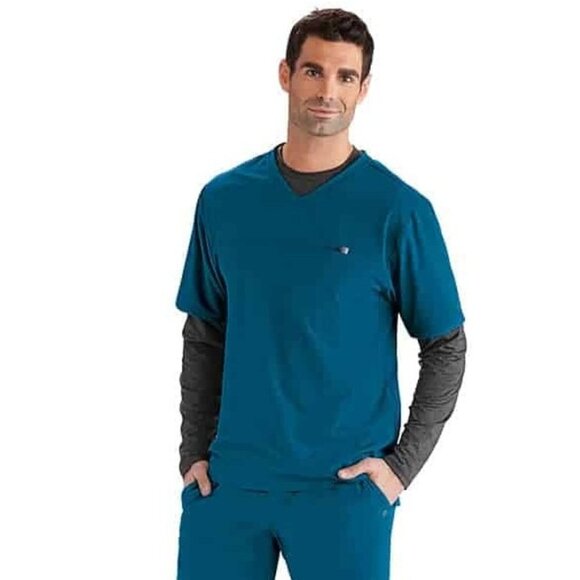 Barco One Wellness Men's 1-Pocket V-Neck Hi-Lo Hem With Yoke Scrub Top - L - Picture 1 of 7